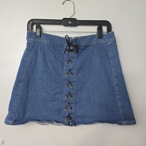 Express Jeans Criss Cross Tie Front Blue Denim Skirt Size 6 Sample Y2k Style